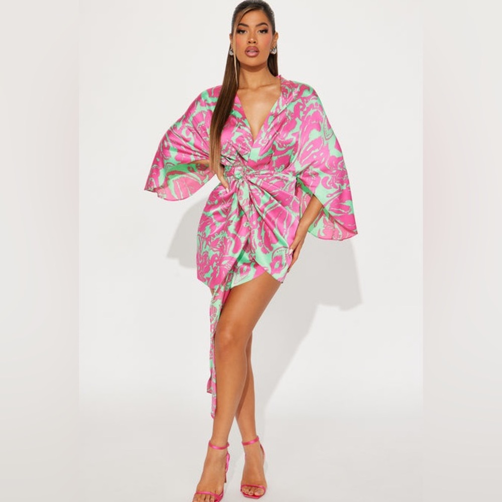 Fashion Nova Pink and Green Vacation Ready Mini Dress - Fuchsia/combo